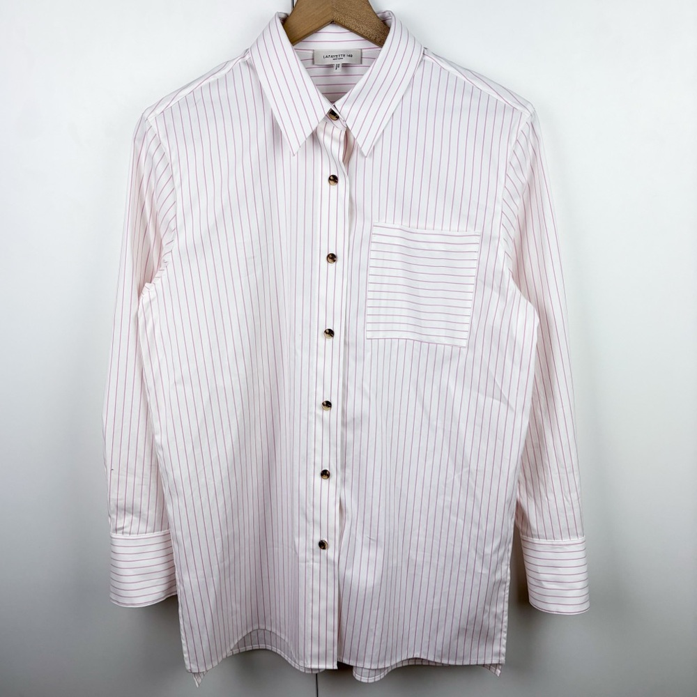 Lafayette 148 New York Striped Button Down Cotton Shirt Pink White Poplin Small